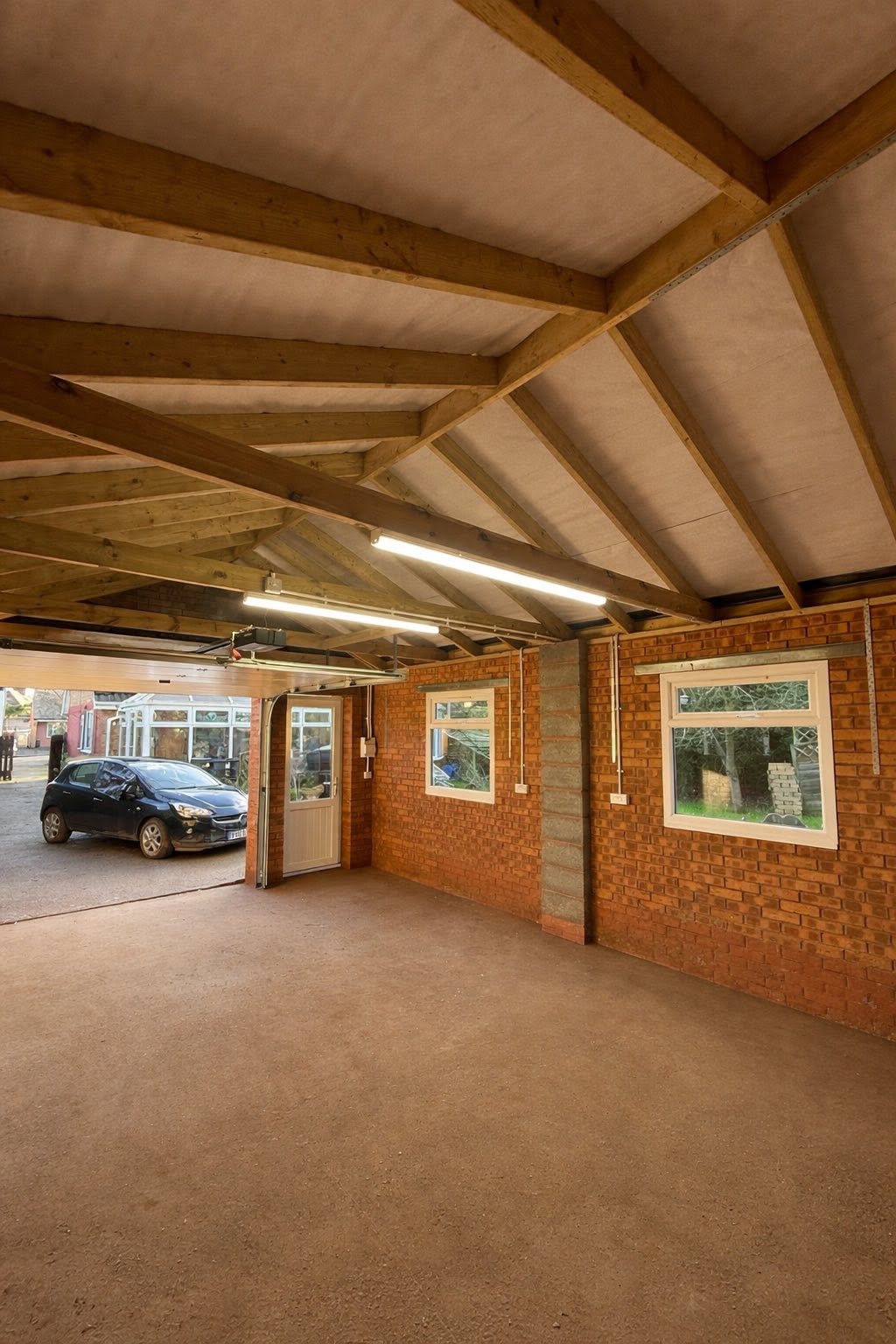 Garage conversion interior with exposed timber roof structure