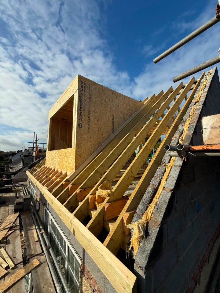 Loft conversion timber roof structure mid-build, before cladding and glazing